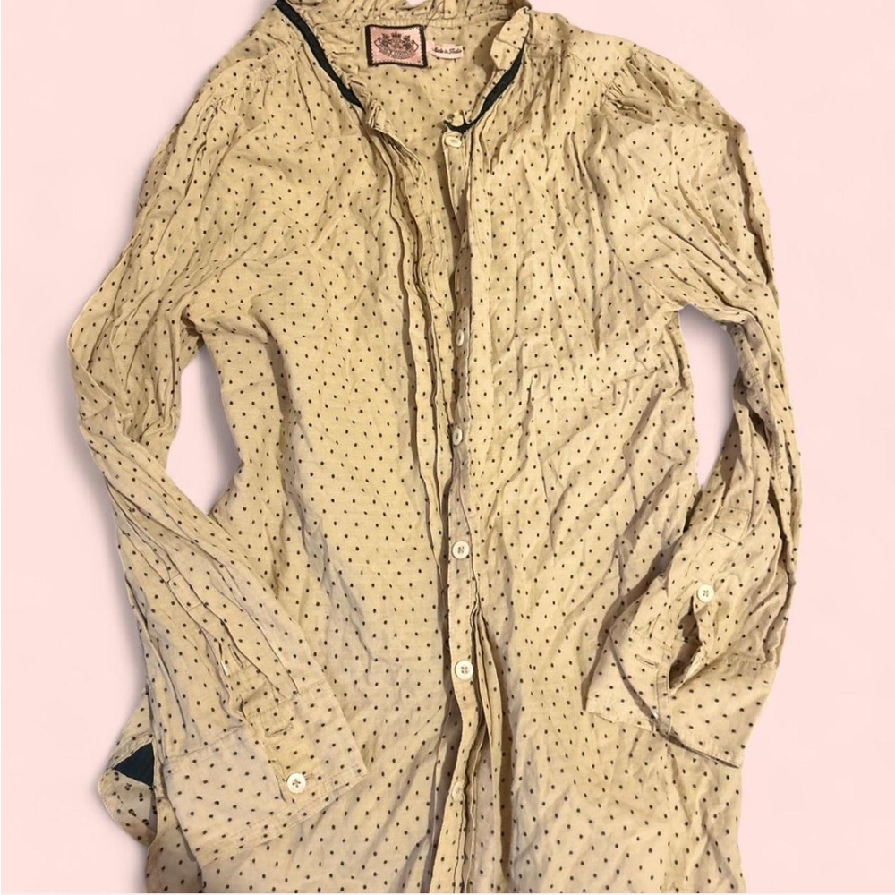 Juicy Couture cream polka dot blouse with ruffle collar and bell sleeves!